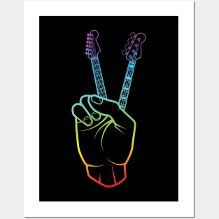 Guitar and Bass Outline Hand Peace Sign Colorful Theme Posters and Art